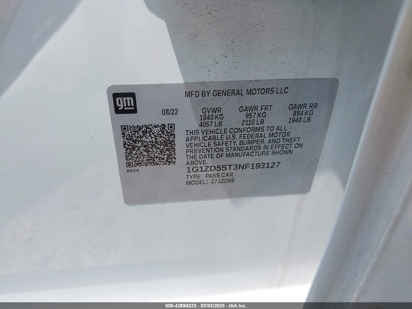 2022 CHEVROLET MALIBU FWD LT - 1G1ZD5ST3NF193127