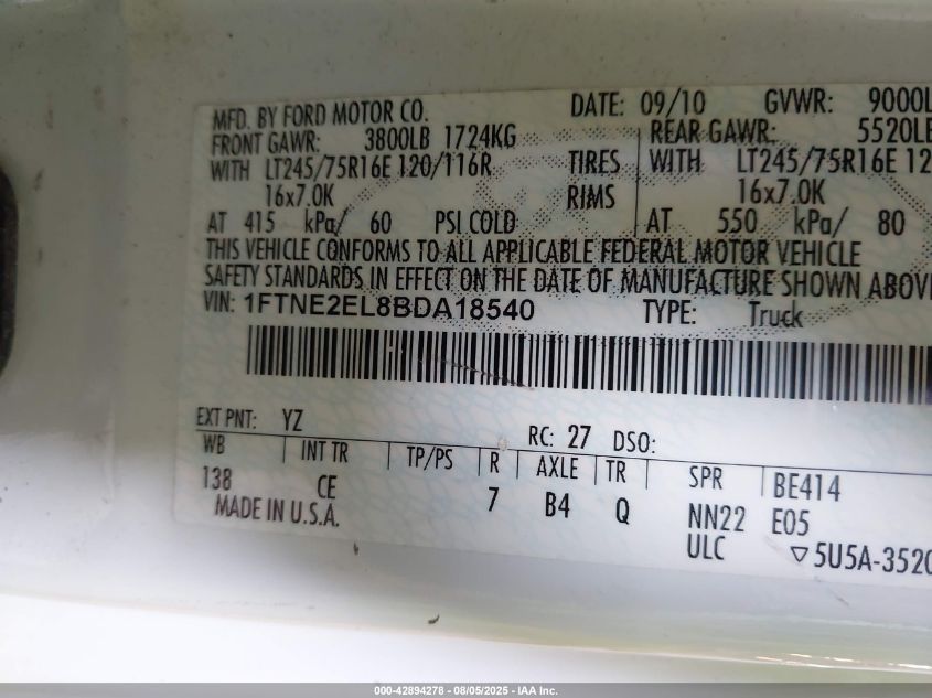 2011 Ford E-250 Commercial VIN: 1FTNE2EL8BDA18540 Lot: 42894278