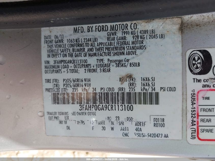 2012 Ford Fusion S VIN: 3FAHP0GA9CR113100 Lot: 42894311