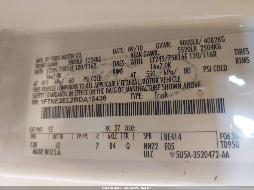 2011 Ford E-250 Commercial VIN: 1FTNE2EL2BDA18436 Lot: 42894315