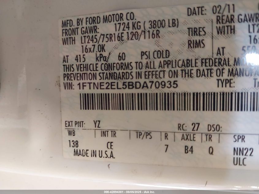 2011 Ford E-250 Commercial VIN: 1FTNE2EL5BDA70935 Lot: 42894381