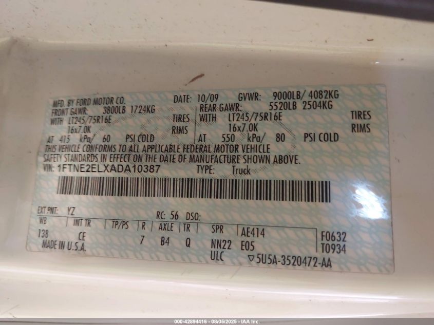 2010 Ford E-250 Commercial/Recreational VIN: 1FTNE2ELXADA10387 Lot: 42894416