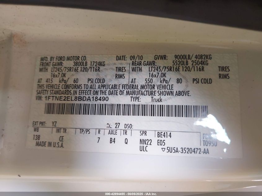 2011 Ford E-250 Commercial VIN: 1FTNE2EL8BDA18490 Lot: 42894455