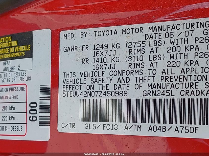 2007 Toyota Tacoma Base V6 VIN: 5TEUU42N07Z450988 Lot: 42894461