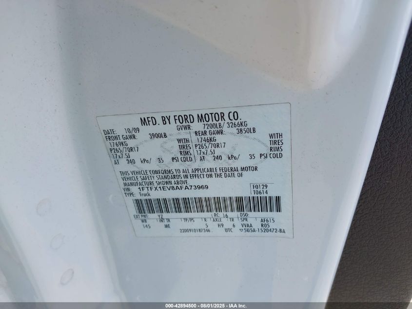 2010 Ford F-150 Fx4/Lariat/Xl/Xlt VIN: 1FTFX1EV8AFA73969 Lot: 42894500