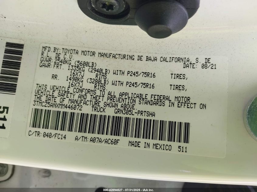 2021 Toyota Tacoma Sr5 V6 VIN: 3TMCZ5ANXMM446072 Lot: 43400162