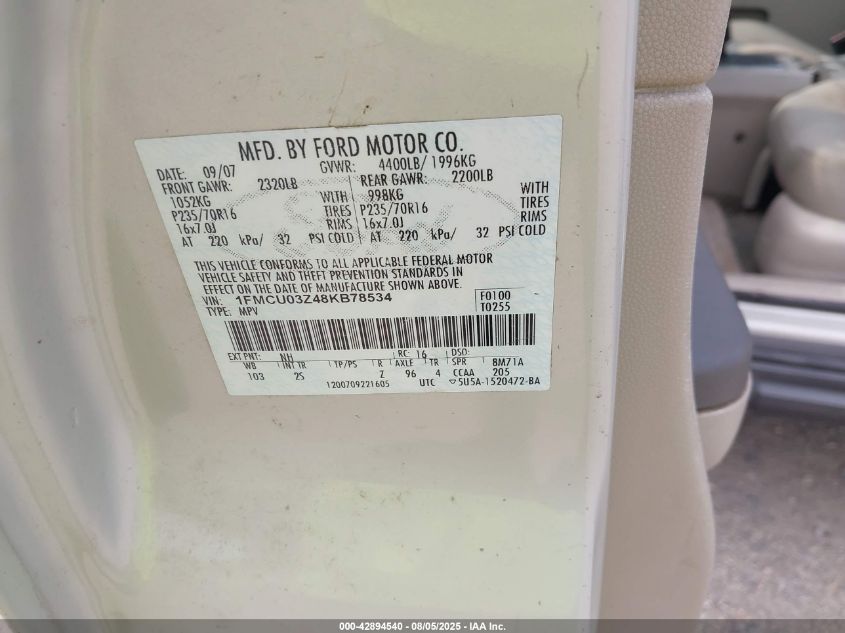 2008 Ford Escape Xlt VIN: 1FMCU03Z48KB78534 Lot: 42894540