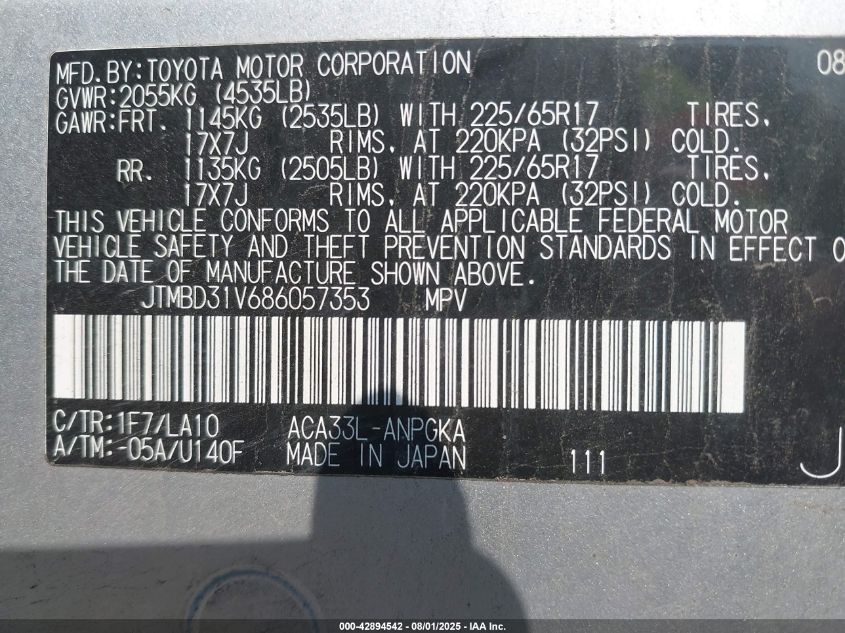 2008 Toyota Rav4 Limited VIN: JTMBD31V686057353 Lot: 42894542