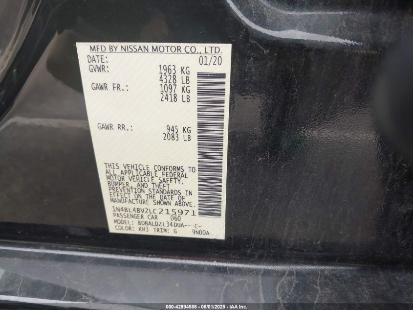 2020 Nissan Altima S Fwd VIN: 1N4BL4BV2LC215971 Lot: 42894586