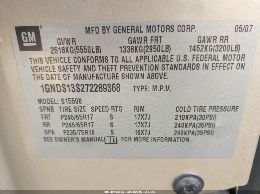 2007 Chevrolet Trailblazer Lt VIN: 1GNDS13S272289368 Lot: 42894664