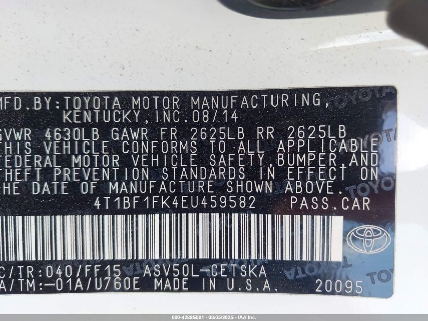2014 Toyota Camry Se VIN: 4T1BF1FK4EU459582 Lot: 42895001