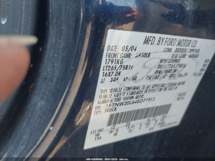 2004 Ford F-250 Lariat/Xl/Xlt VIN: 1FTNW20L64ED71912 Lot: 42895008