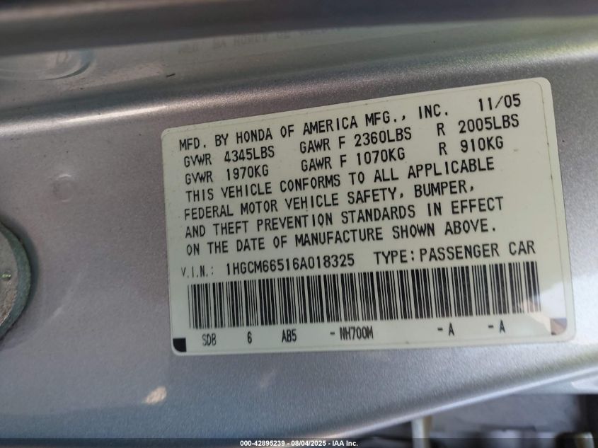 2006 Honda Accord 3.0 Ex VIN: 1HGCM66516A018325 Lot: 42895239