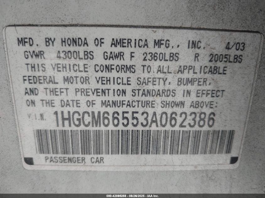 2003 Honda Accord 3.0 Ex VIN: 1HGCM66553A062386 Lot: 42895258