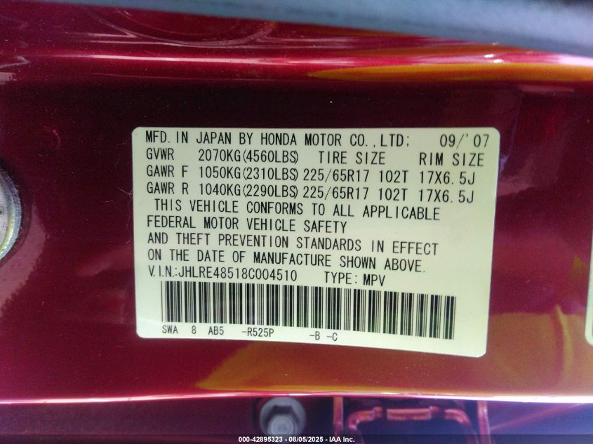 2008 Honda Cr-V Ex VIN: JHLRE48518C004510 Lot: 42895323