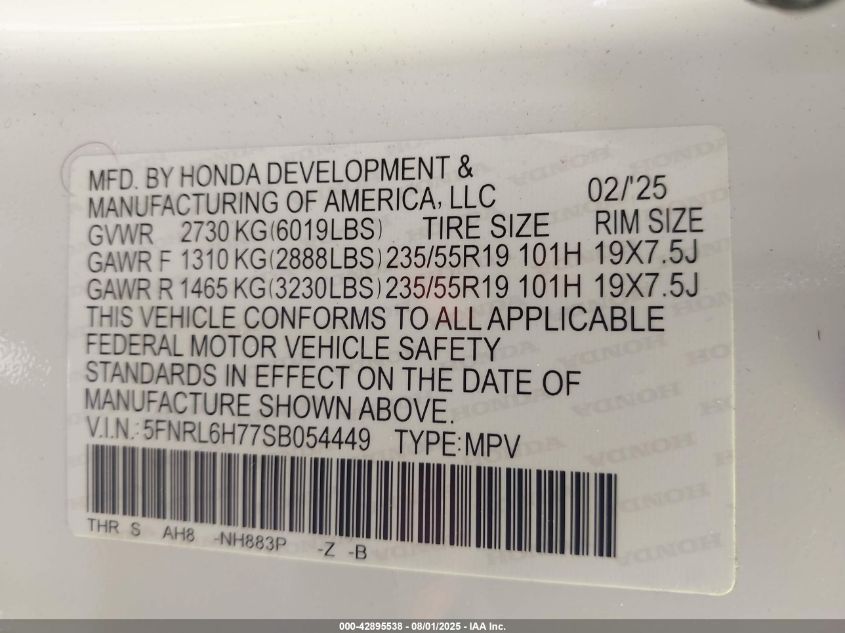 2025 Honda Odyssey - 5FNRL6H77SB054449