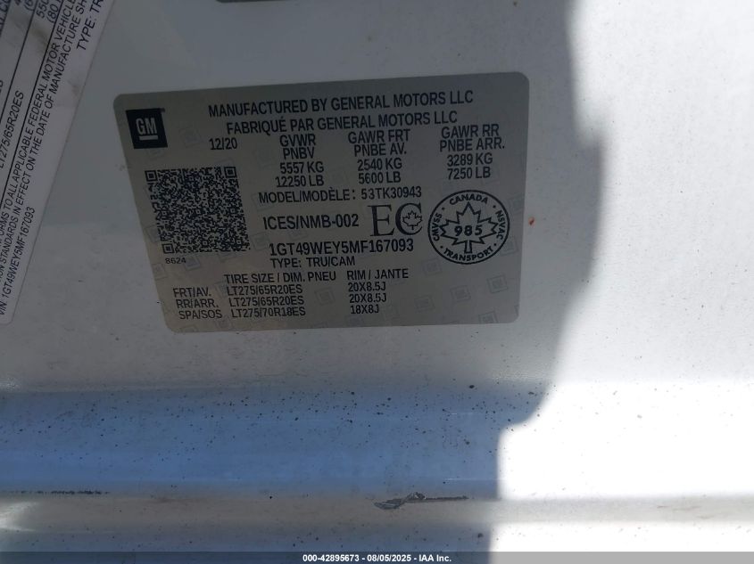 2021 GMC Sierra 3500Hd 4Wd Long Bed Denali/4Wd Standard Bed Denali VIN: 1GT49WEY5MF167093 Lot: 42895673