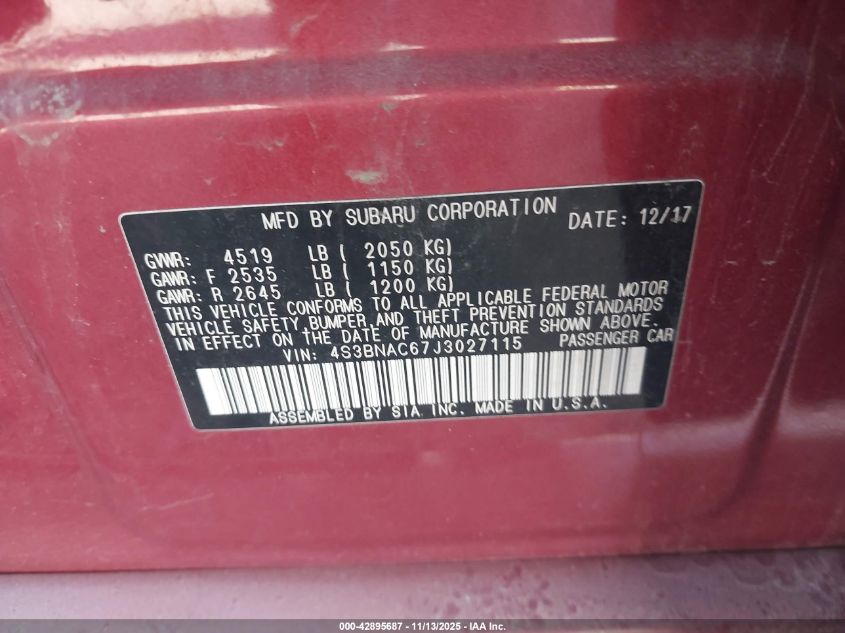 2018 Subaru Legacy 2.5I Premium VIN: 4S3BNAC67J3027115 Lot: 42895687