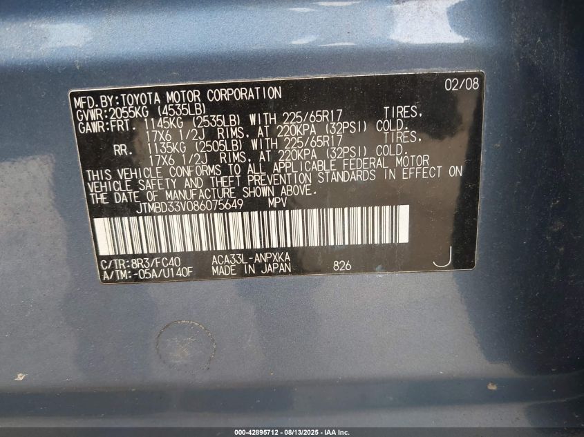 2008 Toyota Rav4 VIN: JTMBD33V086075649 Lot: 42895712