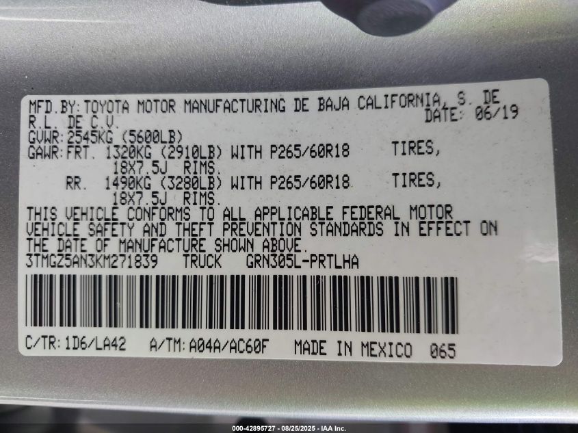 2019 Toyota Tacoma Limited VIN: 3TMGZ5AN3KM271839 Lot: 42895727