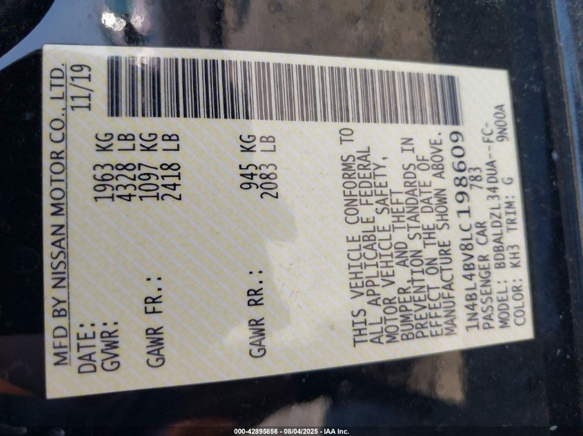 2020 Nissan Altima S Fwd VIN: 1N4BL4BV8LC198609 Lot: 42895856