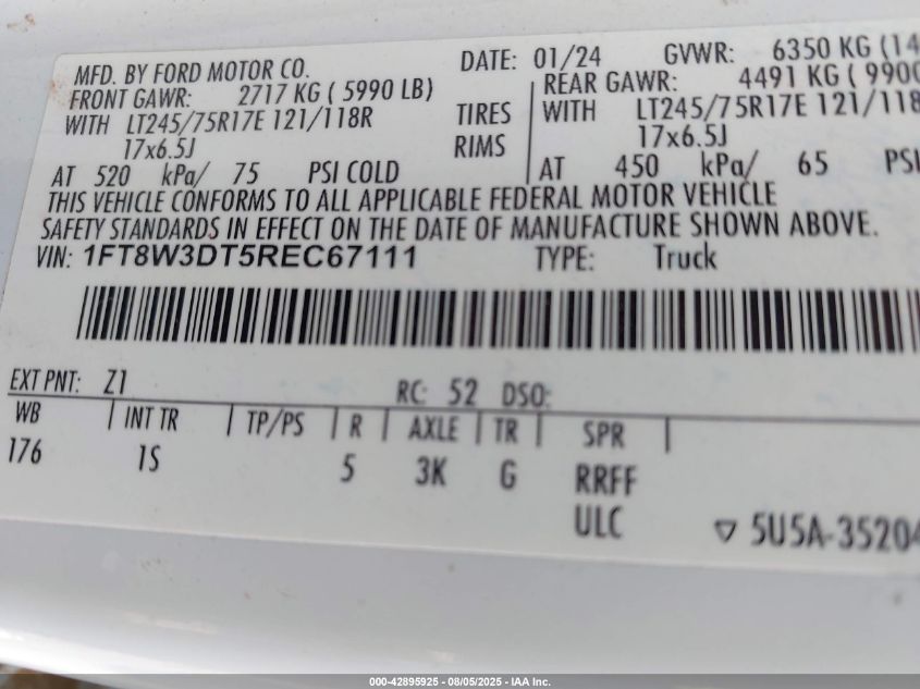 2024 Ford F-350 Xl VIN: 1FT8W3DT5REC67111 Lot: 42895925