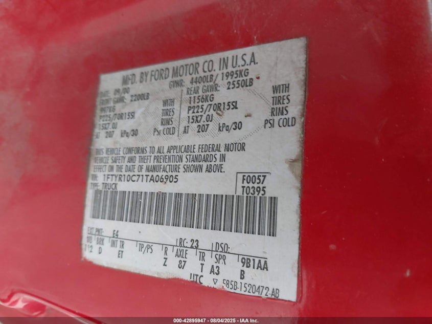 2001 Ford Ranger Xl/Xlt VIN: 1FTYR10C71TA06905 Lot: 42895947