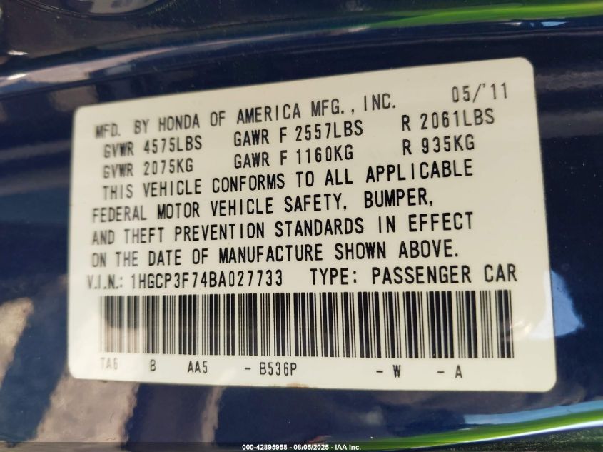 2011 Honda Accord 3.5 Ex VIN: 1HGCP3F74BA027733 Lot: 42895958