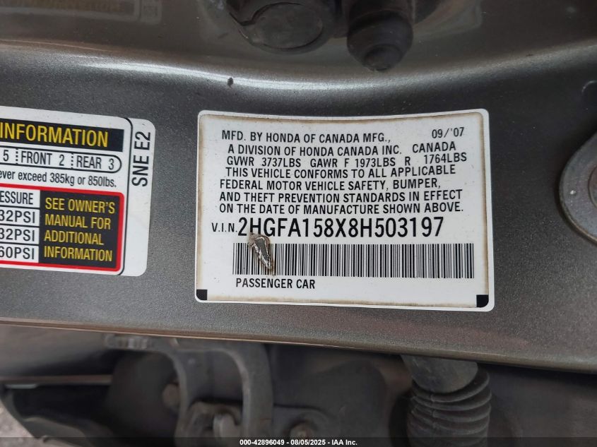 2008 Honda Civic Ex VIN: 2HGFA158X8H503197 Lot: 42896049