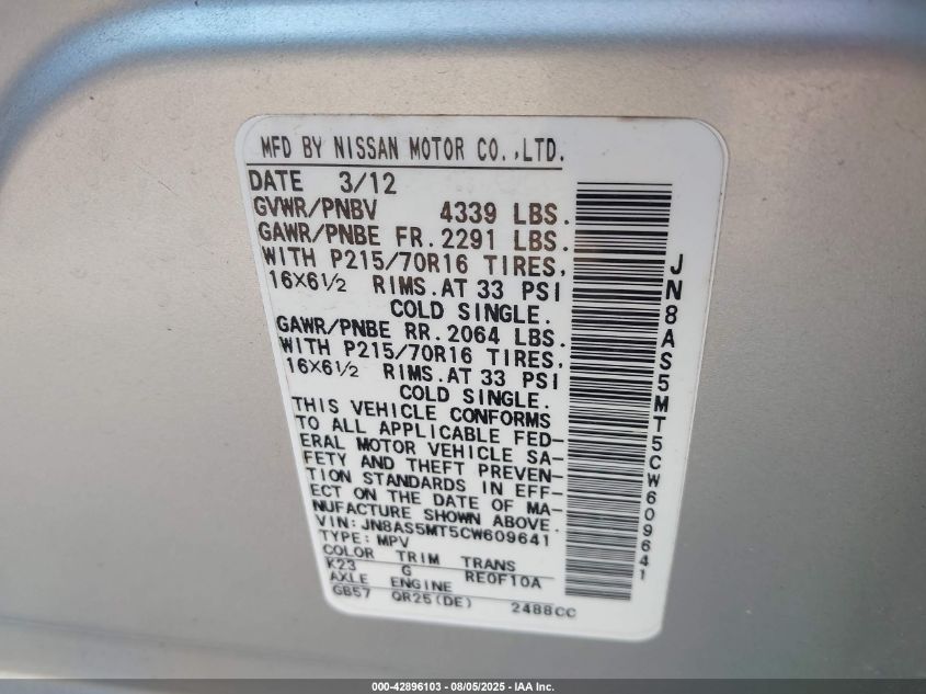 2012 Nissan Rogue S/Sv VIN: JN8AS5MT5CW609641 Lot: 42896103