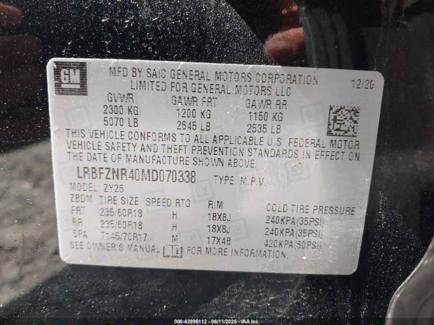 2021 Buick Envision Fwd Essence VIN: LRBFZNR40MD070338 Lot: 42896112