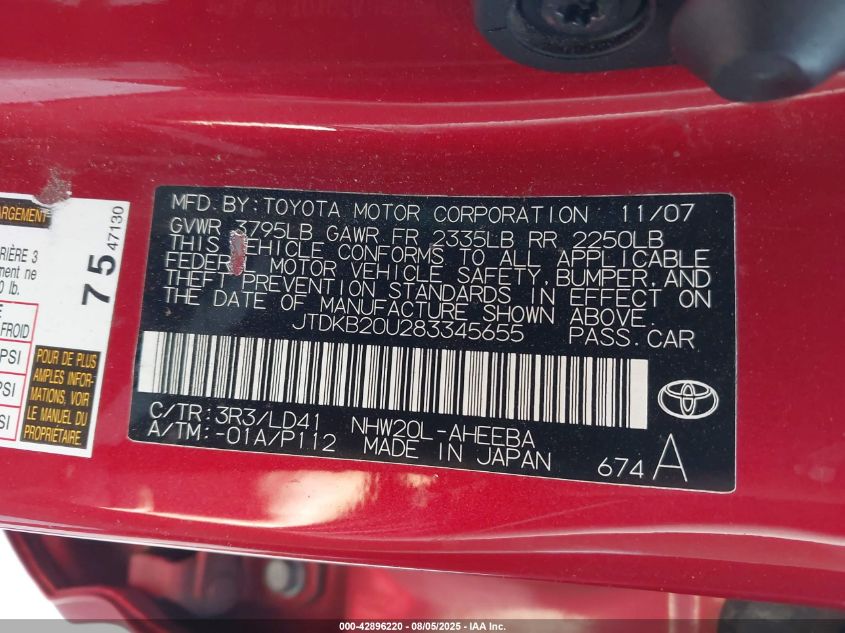 2008 Toyota Prius VIN: JTDKB20U283345655 Lot: 42896220