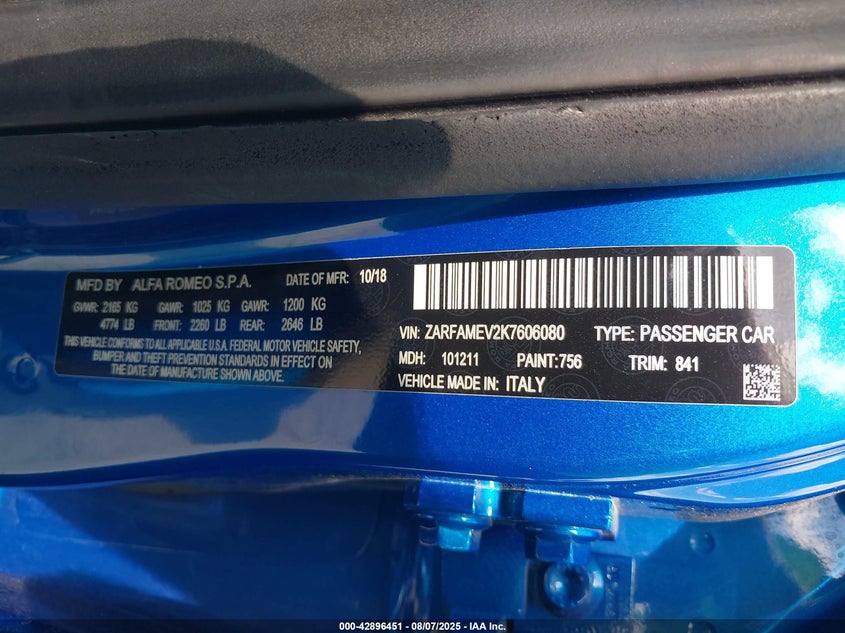 2019 ALFA ROMEO GIULIA QUADRIFOGLIO RWD - ZARFAMEV2K7606080