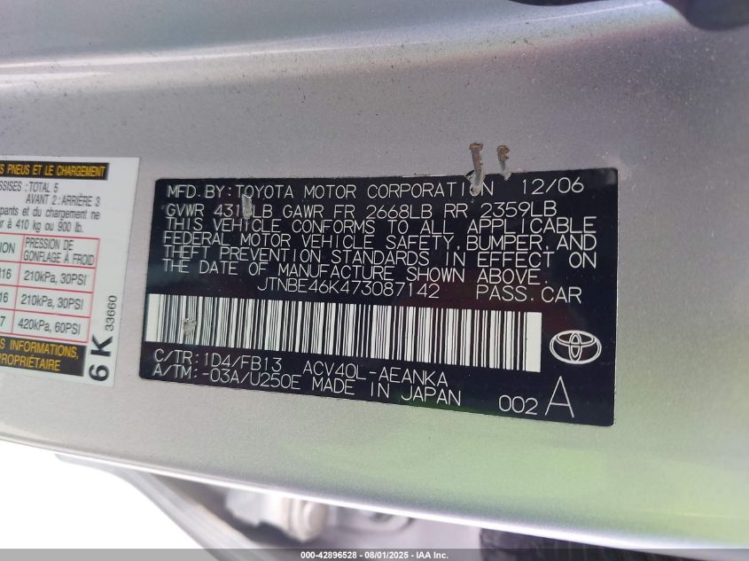 2007 Toyota Camry Le VIN: JTNBE46K473087142 Lot: 42896528