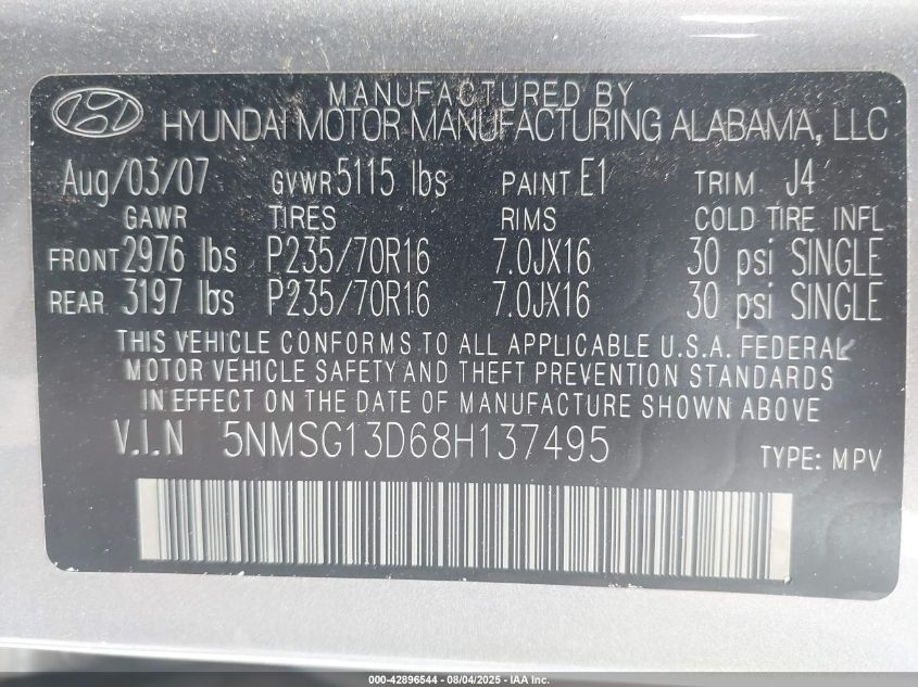 2008 Hyundai Santa Fe Gls VIN: 5NMSG13D68H137495 Lot: 42896544