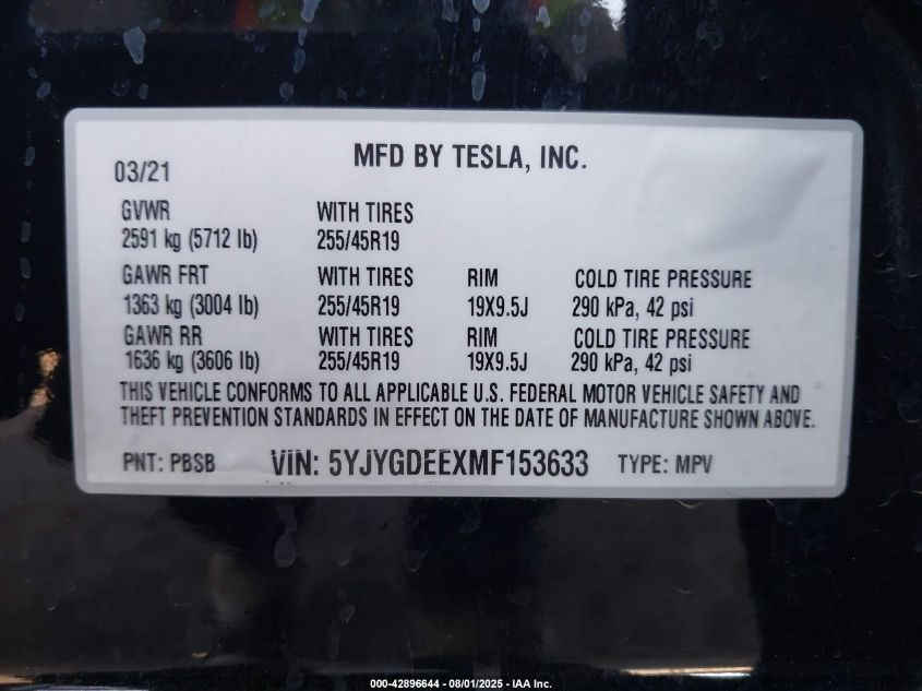 2021 Tesla Model Y Long Range Dual Motor All-Wheel Drive VIN: 5YJYGDEEXMF153633 Lot: 42896644