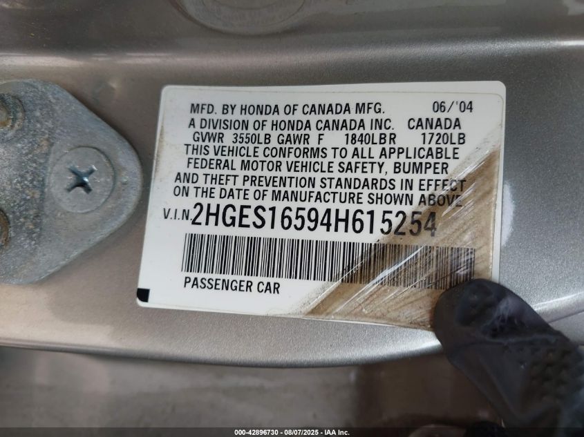 2004 Honda Civic Lx VIN: 2HGES16594H615254 Lot: 42896730