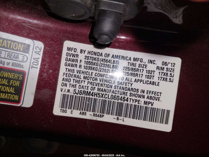 2012 Honda Cr-V Ex VIN: 5J6RM4H5XCL060464 Lot: 42896750