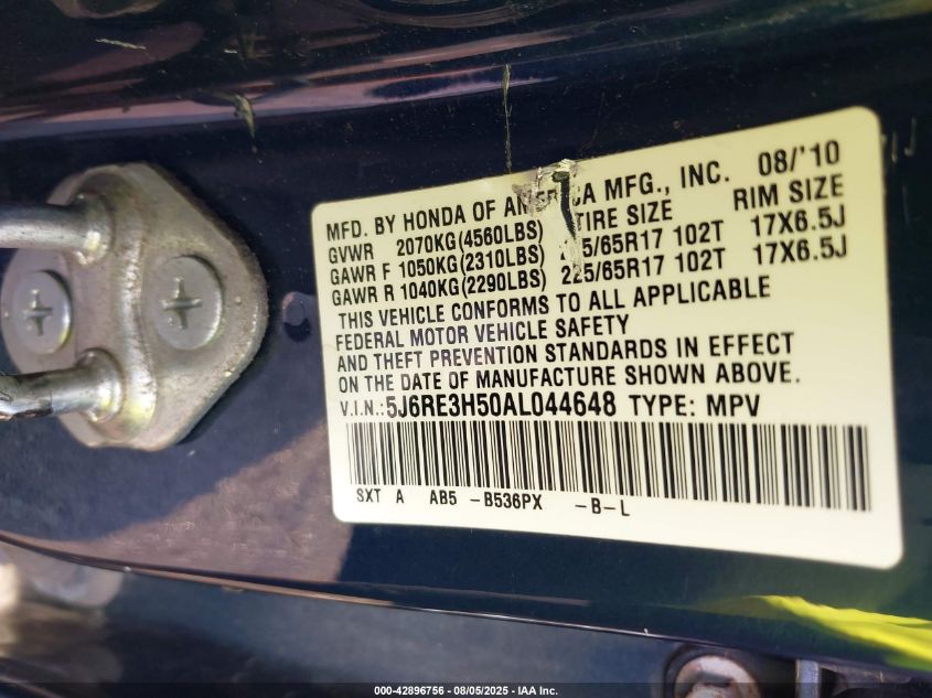 2010 Honda Cr-V Ex VIN: 5J6RE3H50AL044648 Lot: 42896756