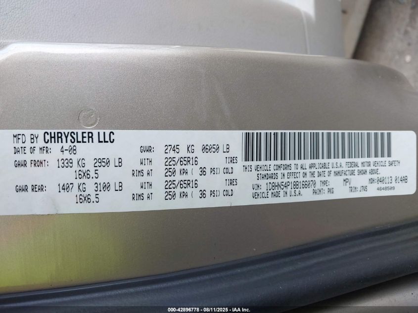 2008 Dodge Grand Caravan Sxt VIN: 1D8HN54P18B166070 Lot: 42896778