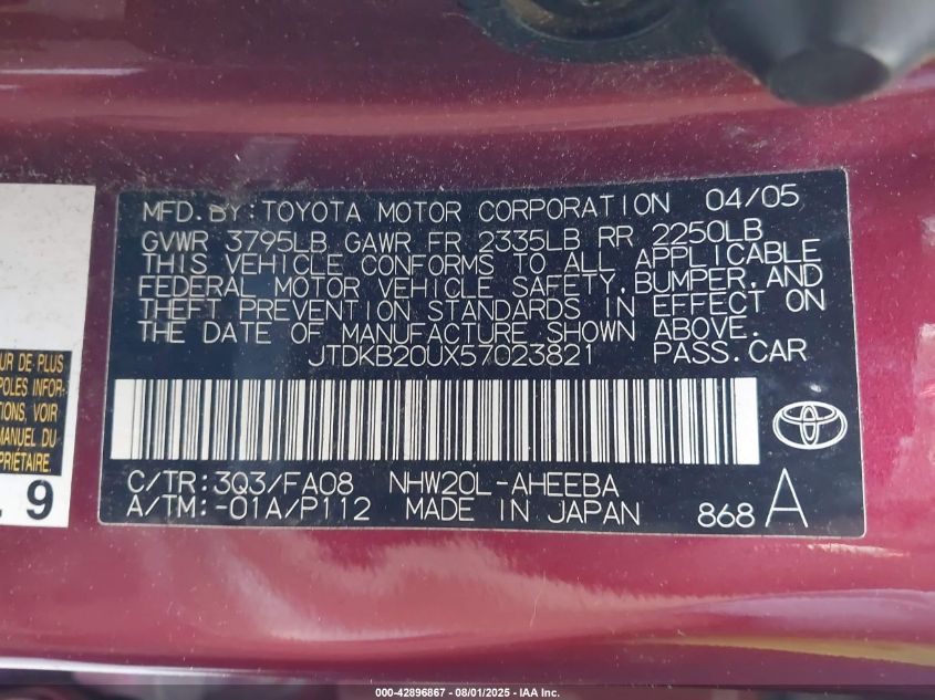 2005 Toyota Prius VIN: JTDKB20UX57023821 Lot: 42896867