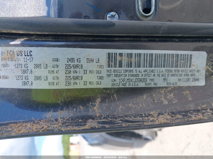 2018 Jeep Cherokee Limited 4X4 VIN: 1C4PJMDX1JD598359 Lot: 42896948