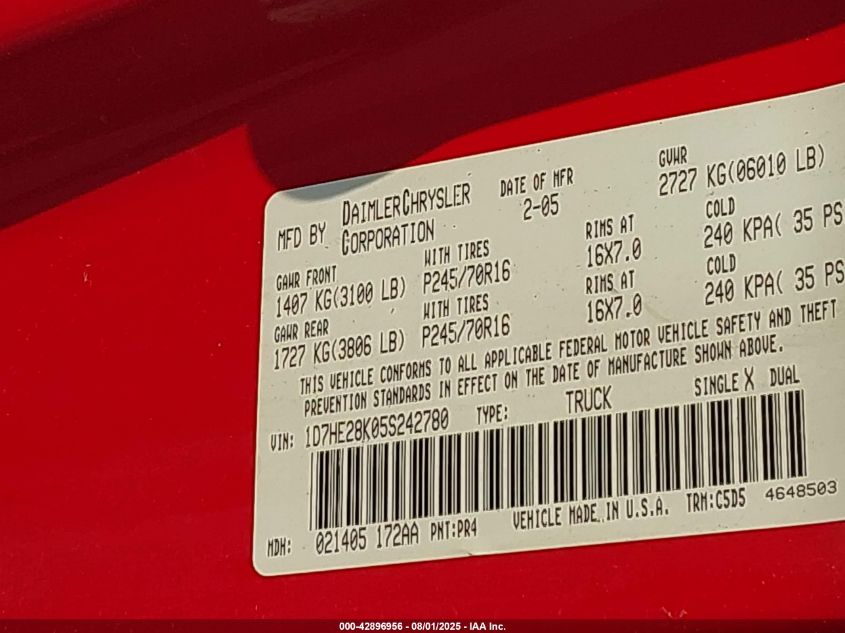 2005 Dodge Dakota St VIN: 1D7HE28K05S242780 Lot: 42896956