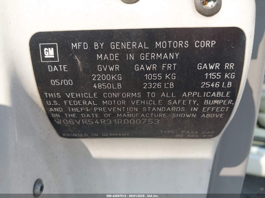 2001 Cadillac Catera Standard VIN: W06VR54R31R000753 Lot: 42897012