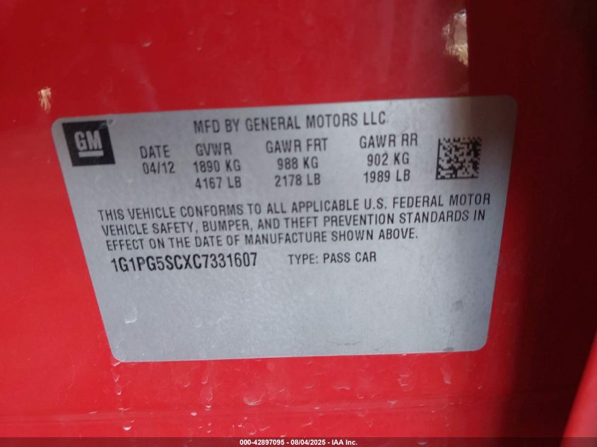 2012 Chevrolet Cruze 2Lt VIN: 1G1PG5SCXC7331607 Lot: 42897095