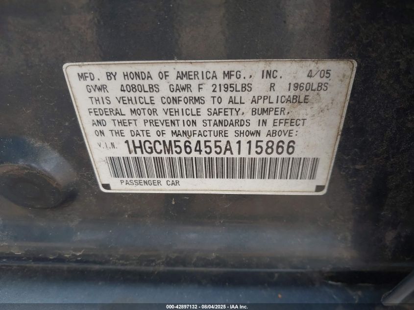 2005 Honda Accord 2.4 Lx VIN: 1HGCM56455A115866 Lot: 42897132