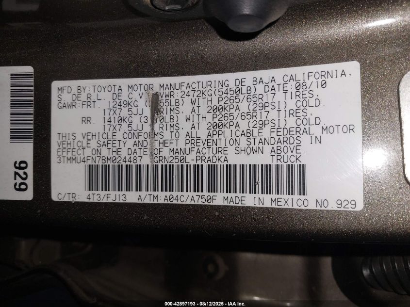2011 Toyota Tacoma Base V6 VIN: 3TMMU4FN7BM024487 Lot: 42897193