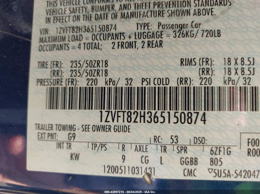 2006 Ford Mustang Gt VIN: 1ZVFT82H365150874 Lot: 42897215