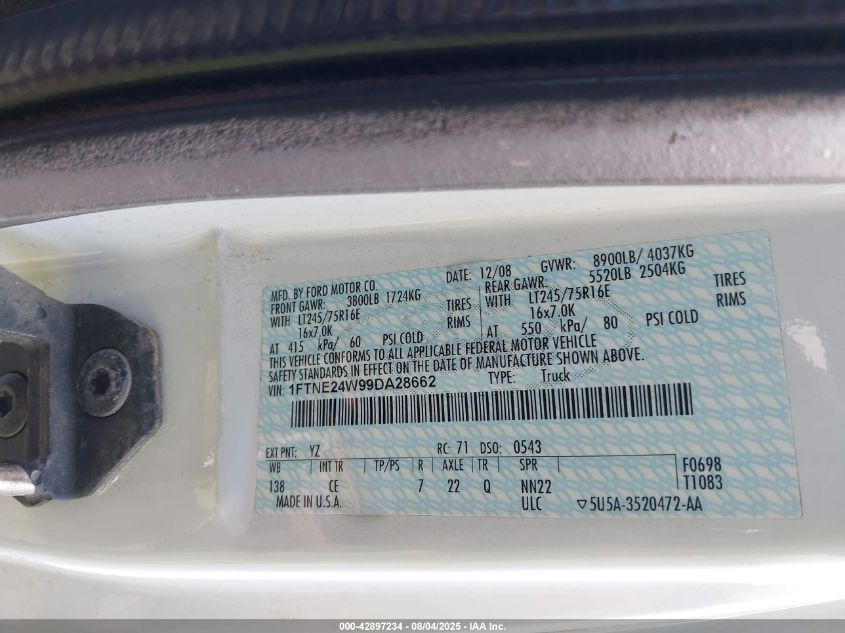 2009 Ford E-250 Commercial/Recreational VIN: 1FTNE24W99DA28662 Lot: 42897234