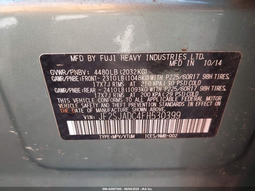 2015 Subaru Forester 2.5I Premium VIN: JF2SJADC4FH530399 Lot: 43165008
